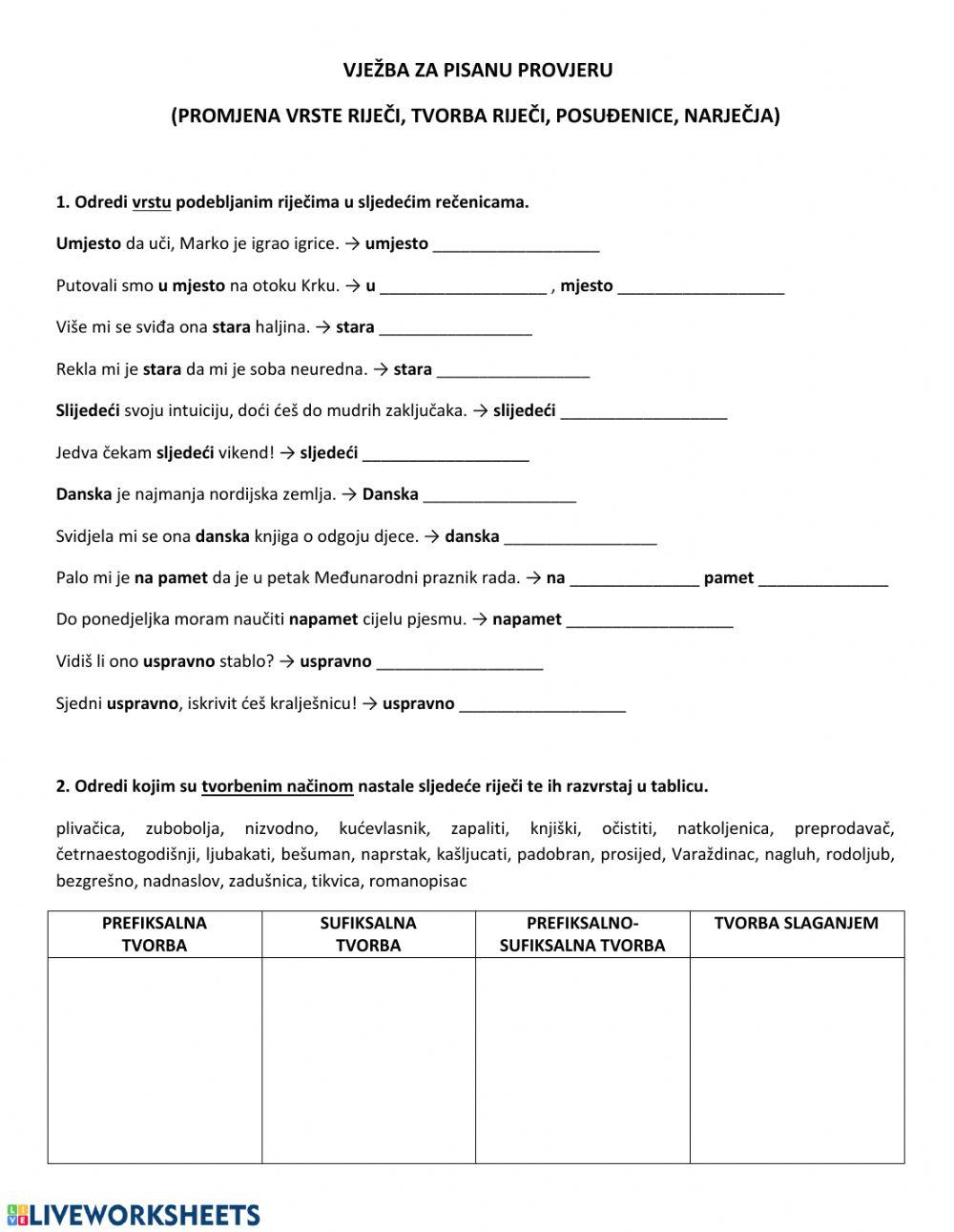Vježba: promjena vrste riječi, tvorba riječi, posuđenice, narječja