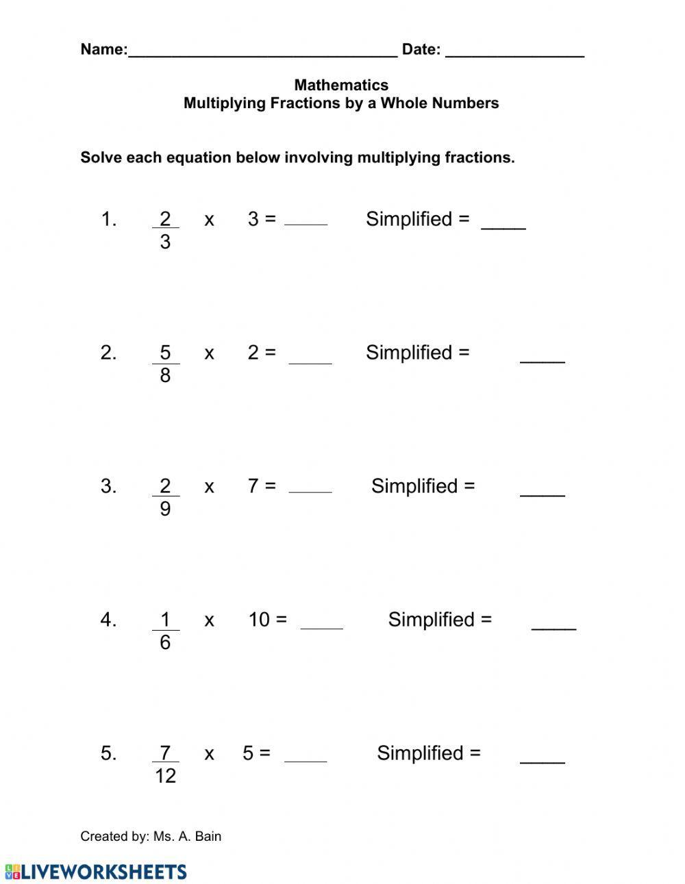 Multiplying fractions by a whole number worksheet live worksheets