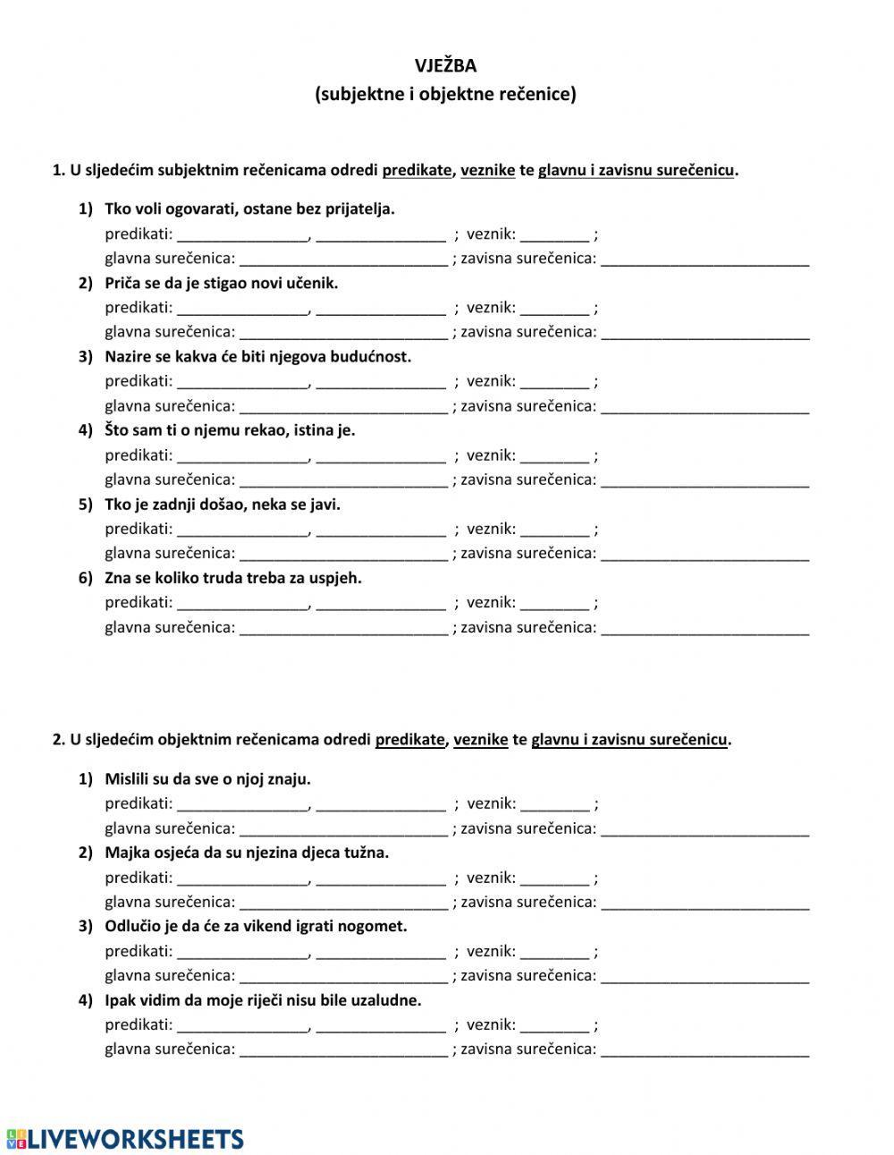 VJEŽBA: subjektne i objektne rečenice