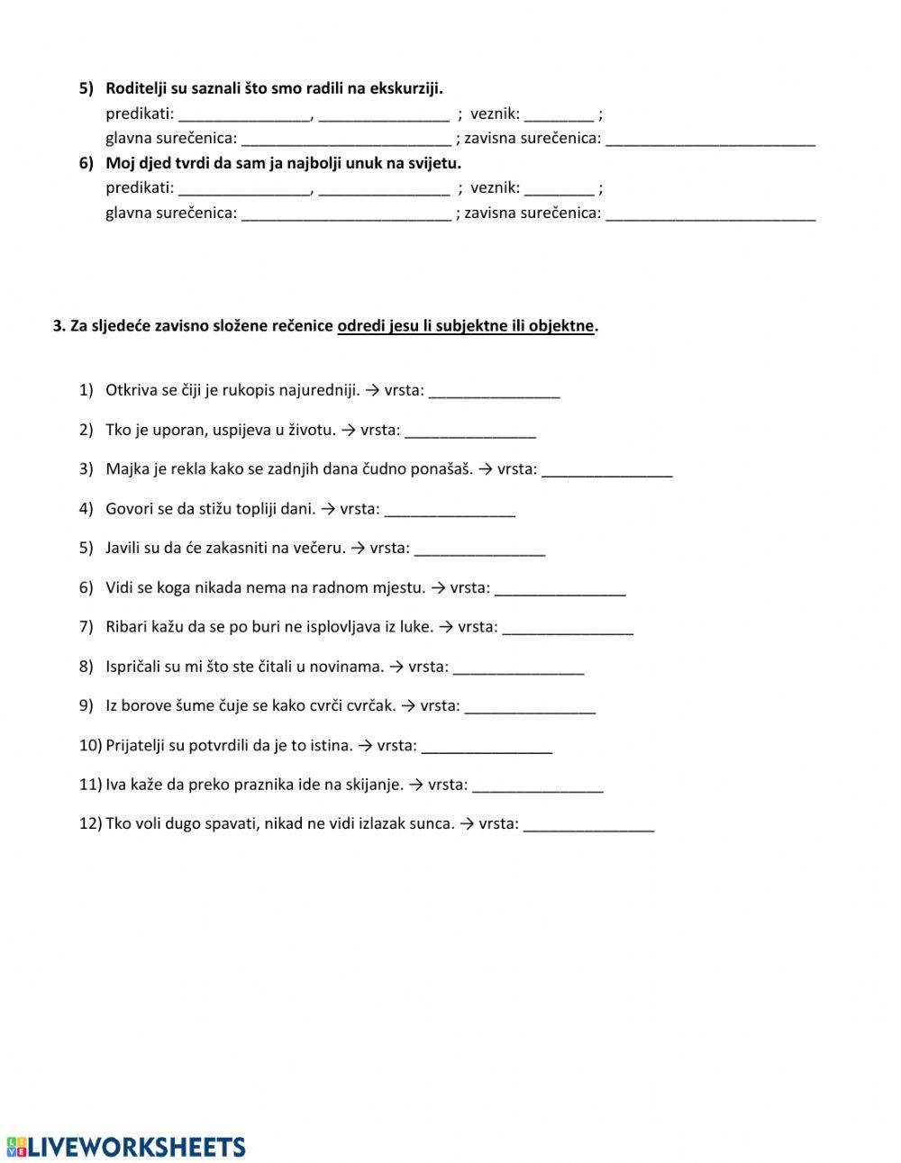VJEŽBA: subjektne i objektne rečenice
