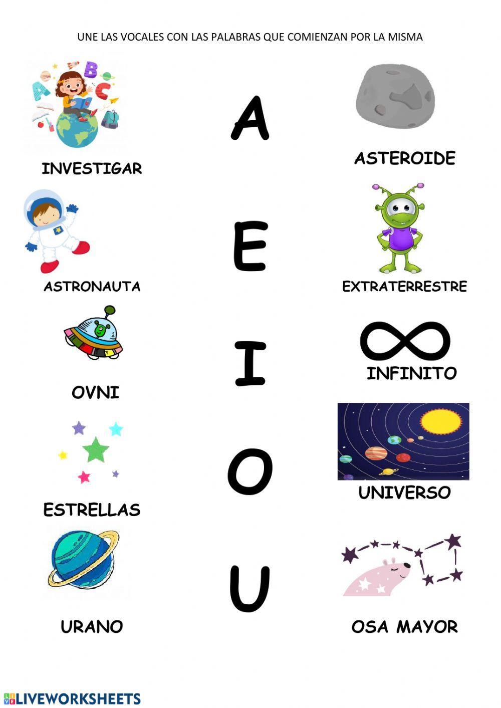 Unir dibujo con las vocales en el centro