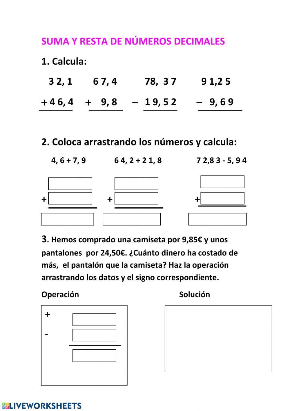 Suma y resta números decimales Suma y resta números decimales