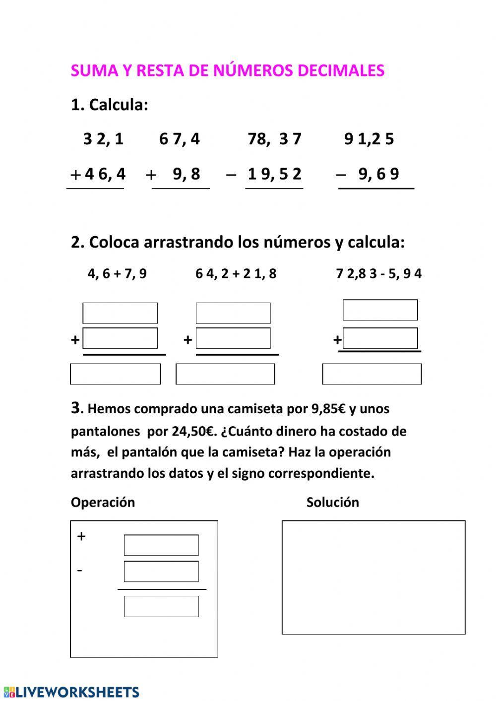 Suma y resta números decimales