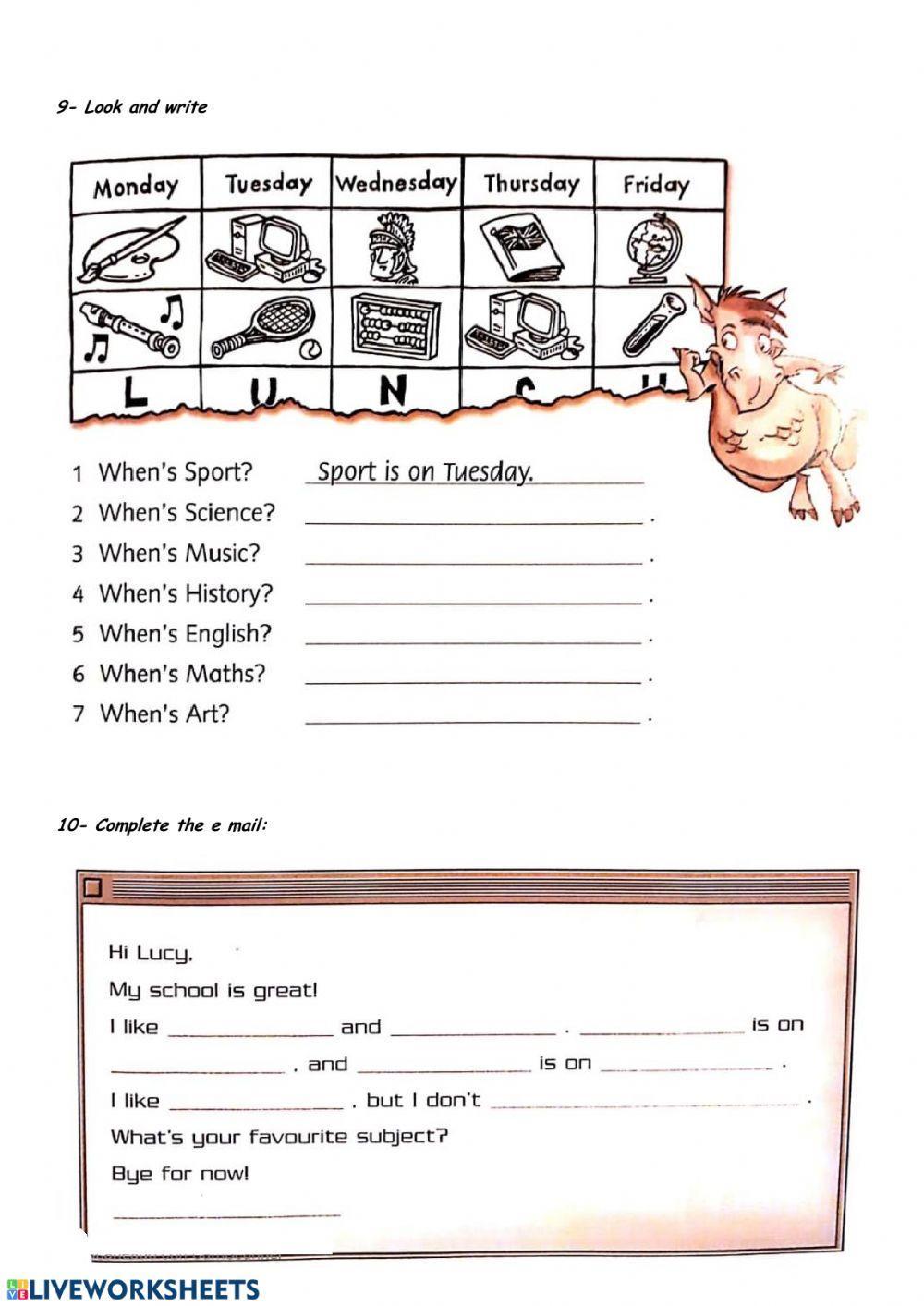Subjects and days of the week