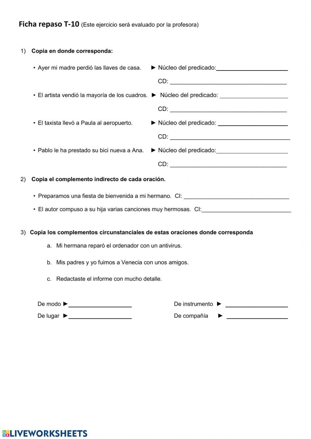 Repaso T-10. Predicado verbal y complementos