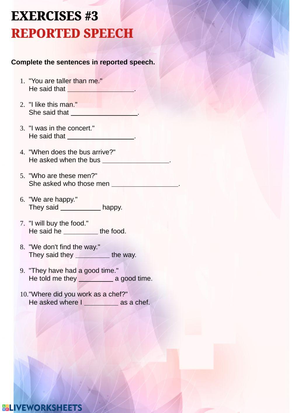 Reported speech - Exercises 3 worksheet | Live Worksheets