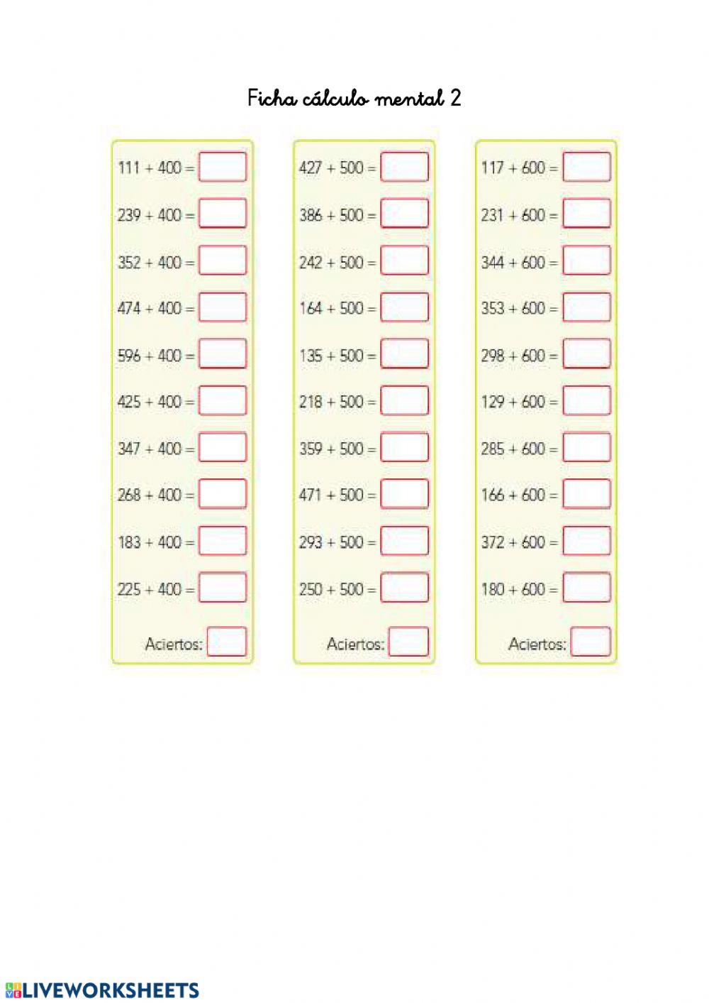 Ficha cálculo mental 2