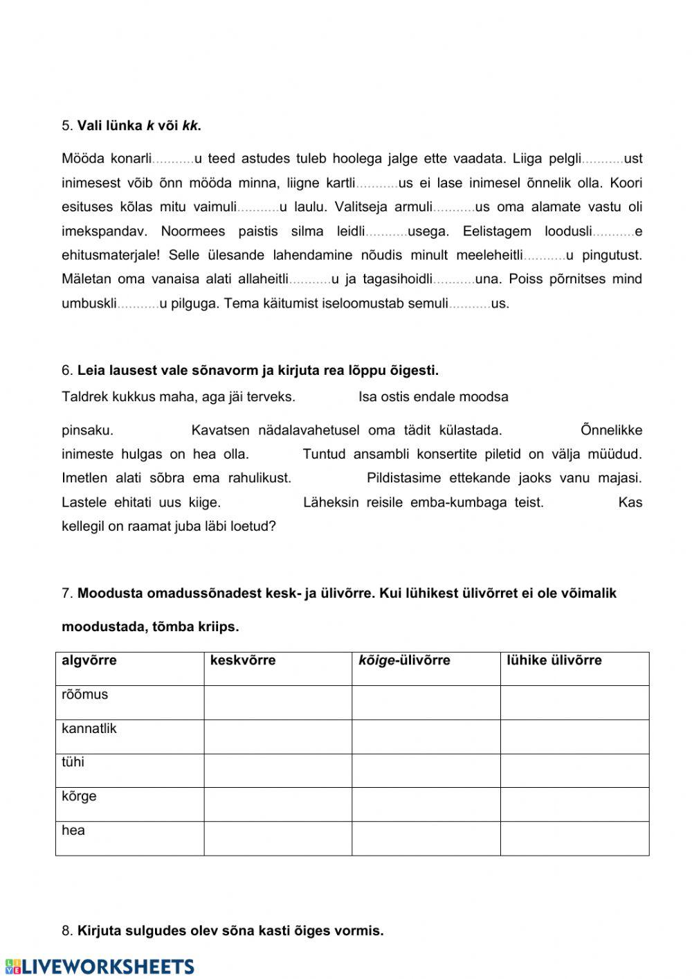 Käänamine. Kontrolltöö 7. klassile