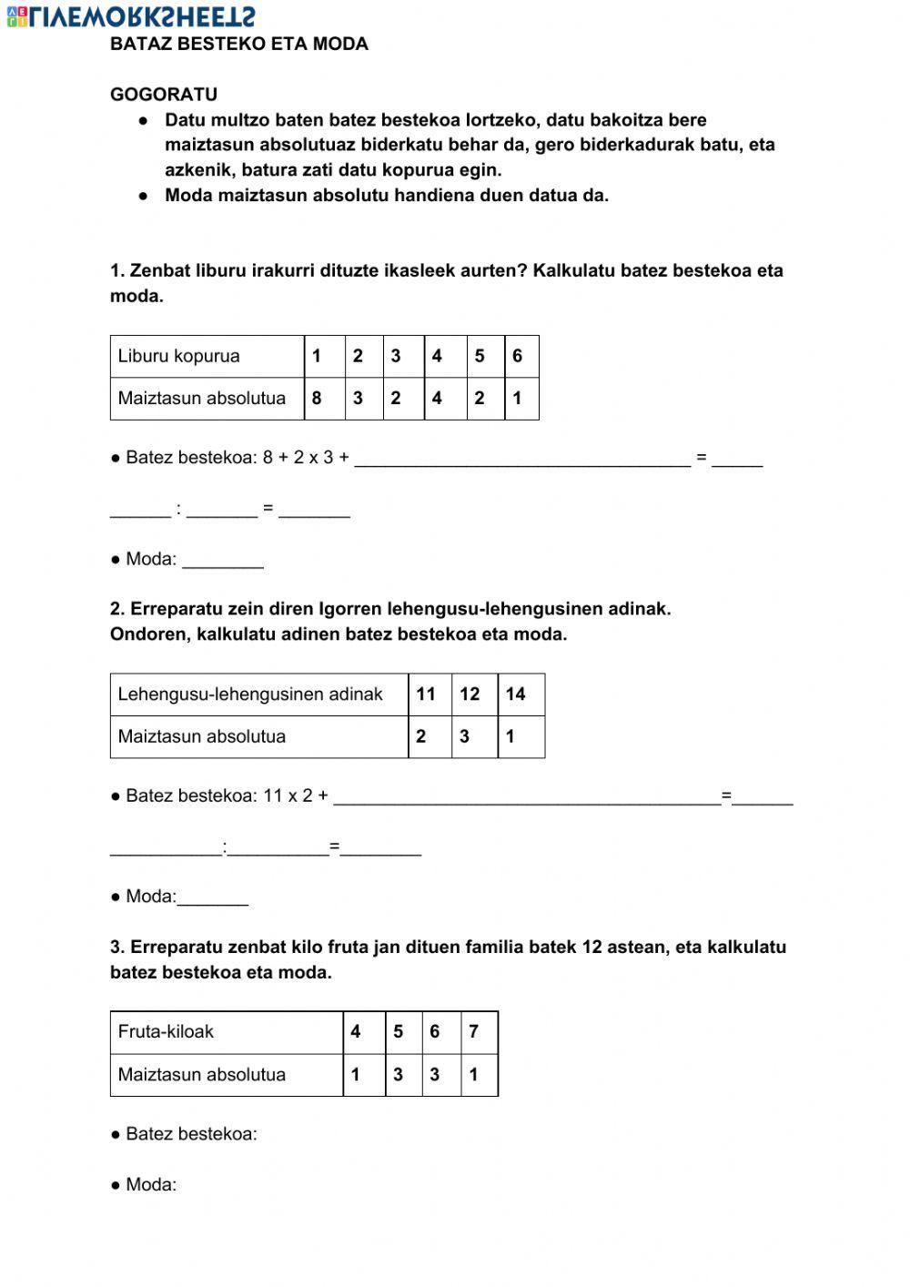 Bataz bestekoa- moda eta mediana