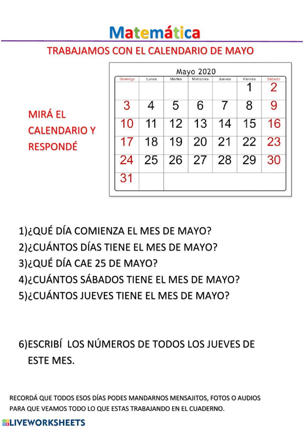 Calendario mes de mayo