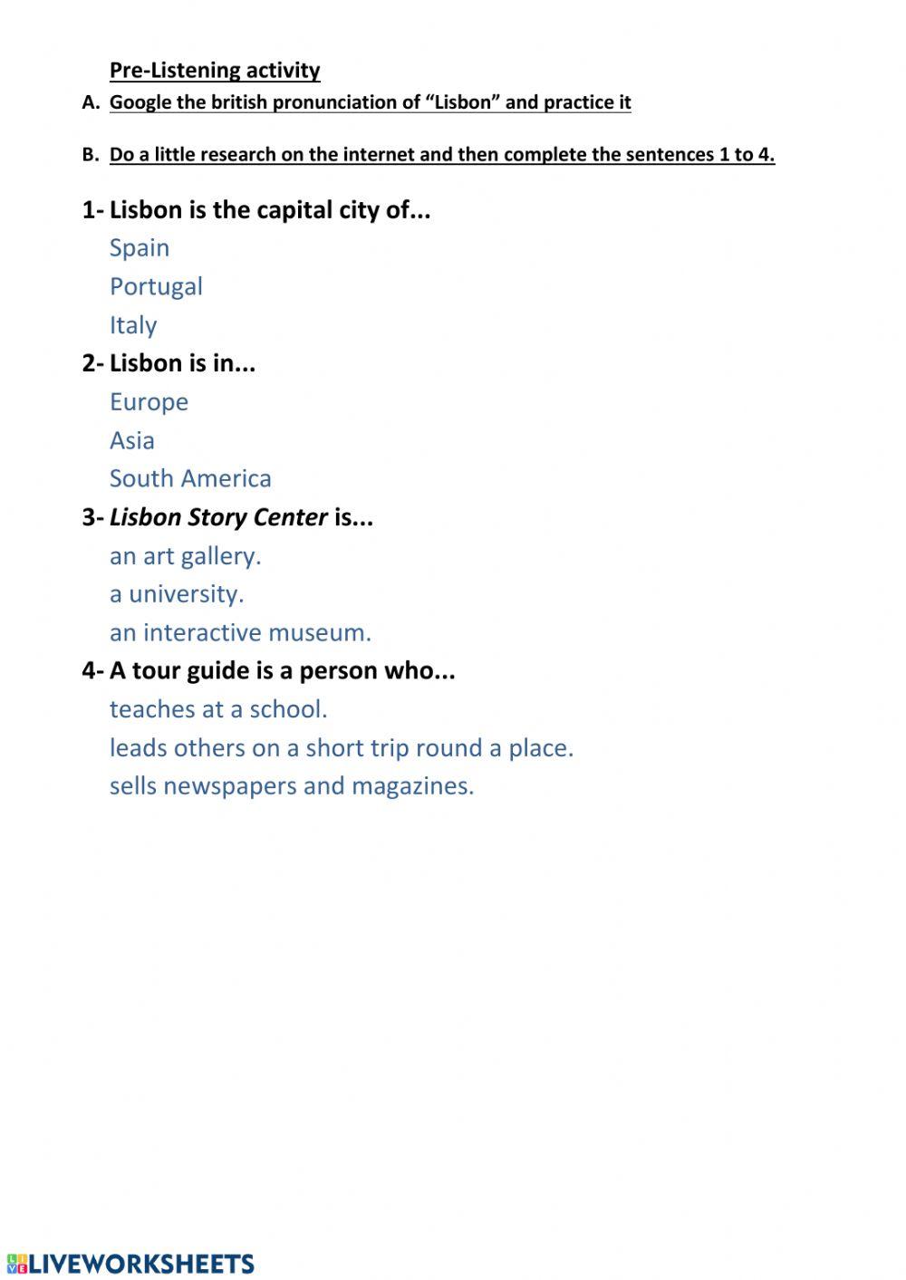 Pre listening for Lisbon liveworksheet