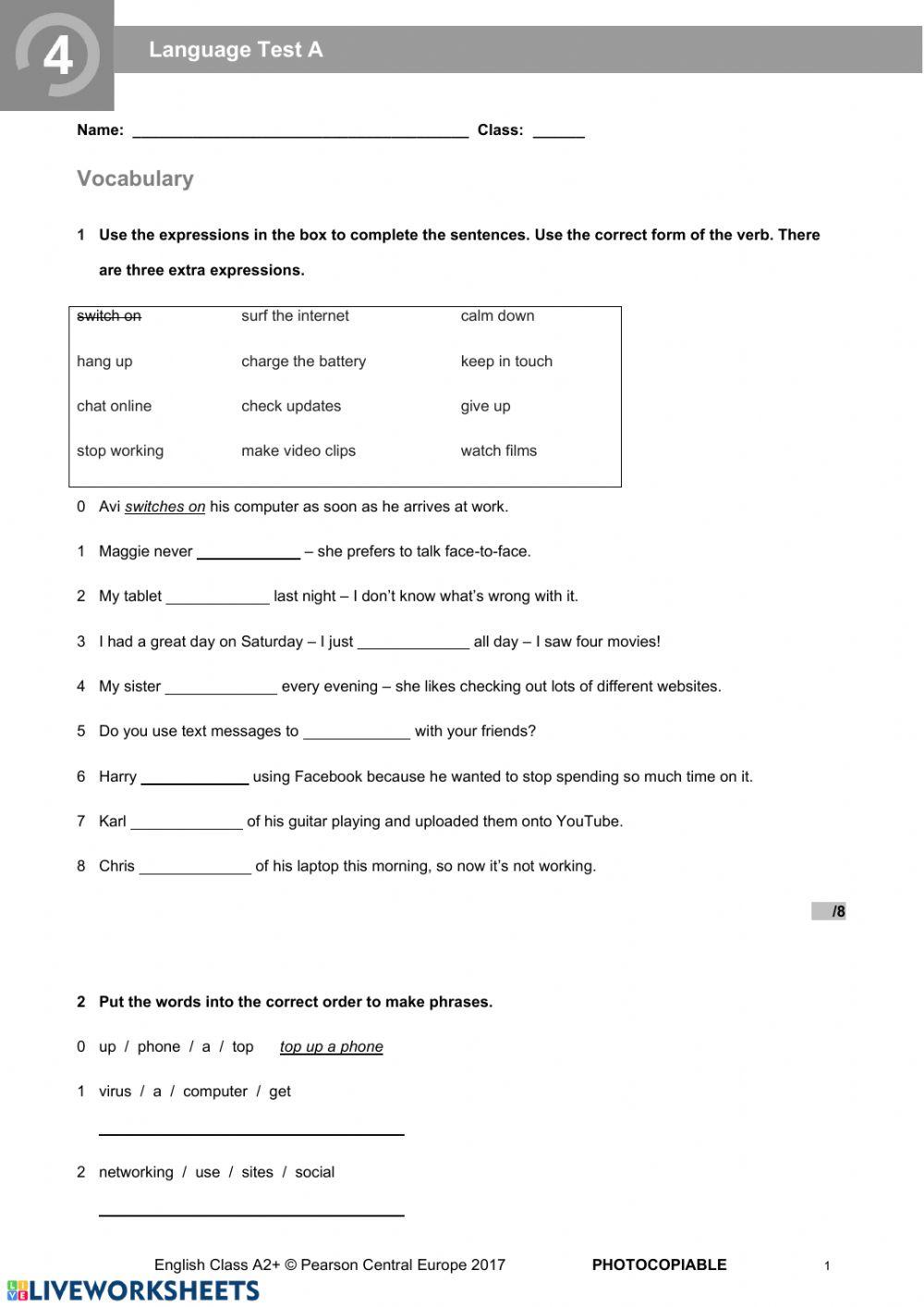 English Class A2+ unit 4 test