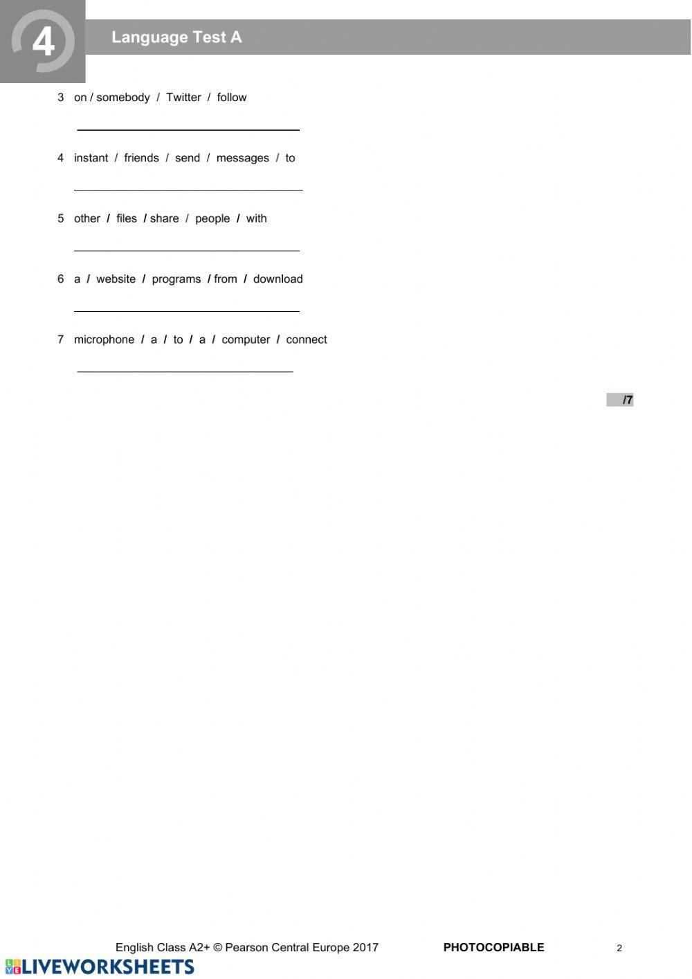 English Class A2+ unit 4 test