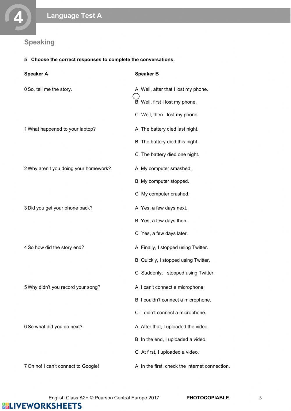 English Class A2+ unit 4 test