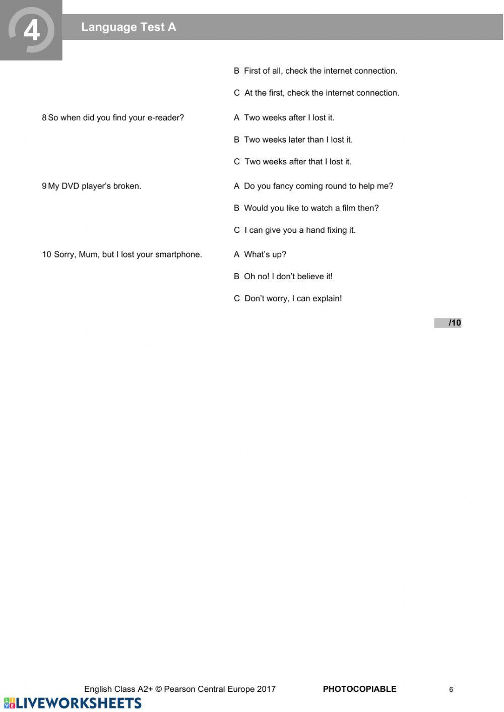 English Class A2+ unit 4 test