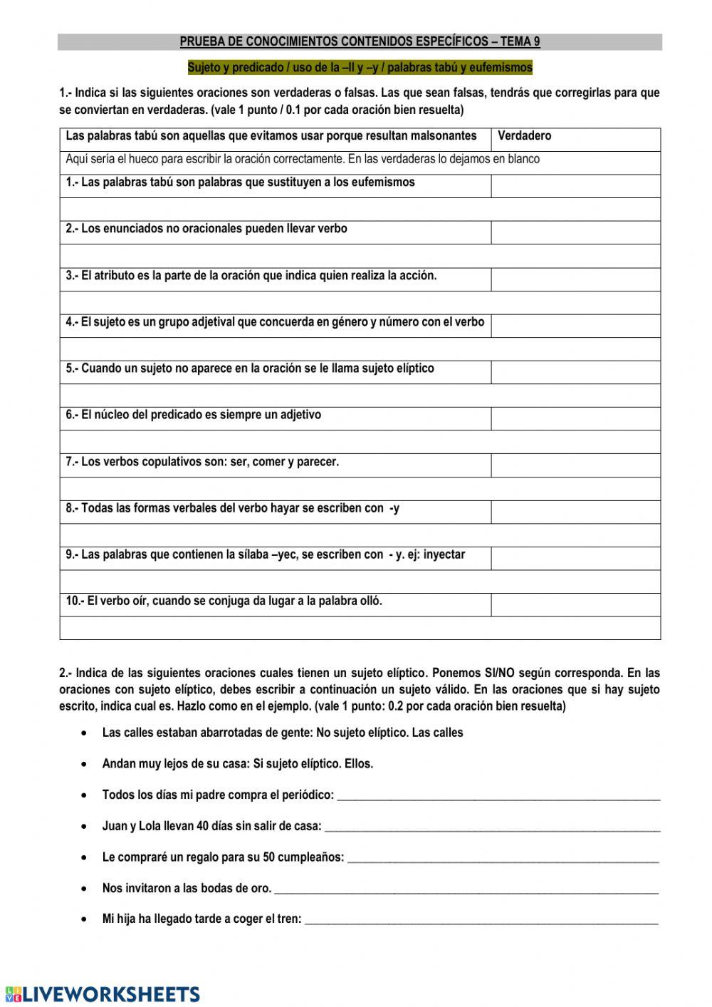 Prueba de conocimientos Tema 9 Lengua -ficha nº 20