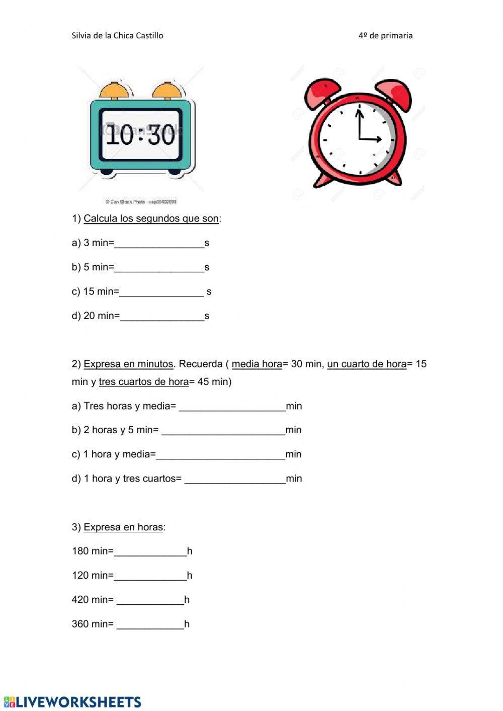 Horas, minutos y segundos I worksheet