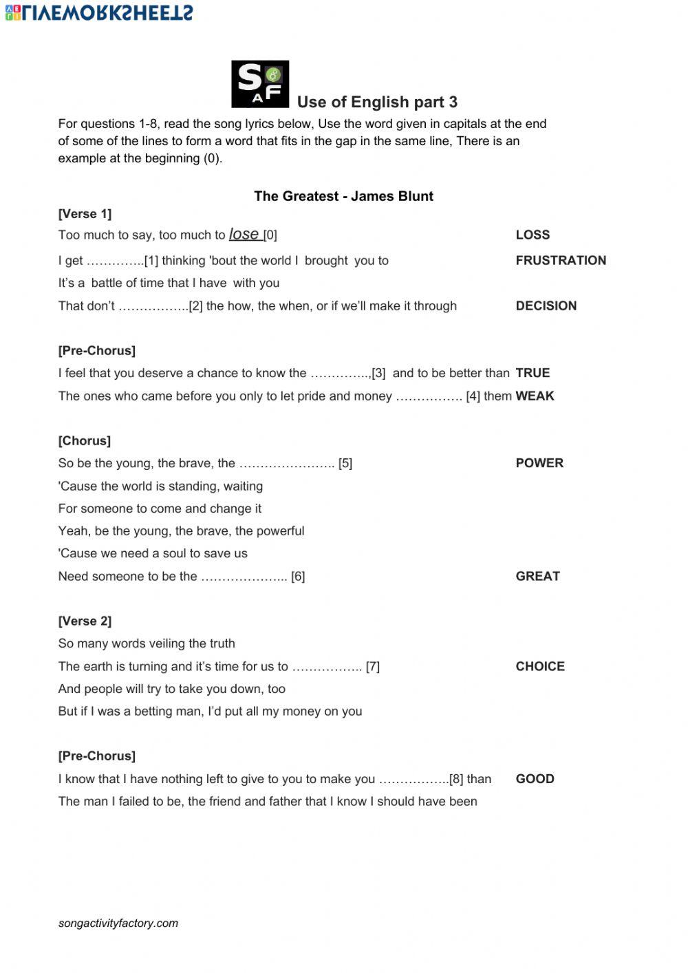 Use of English part 3 (James Blunt - The Greatest) worksheet | Live ...