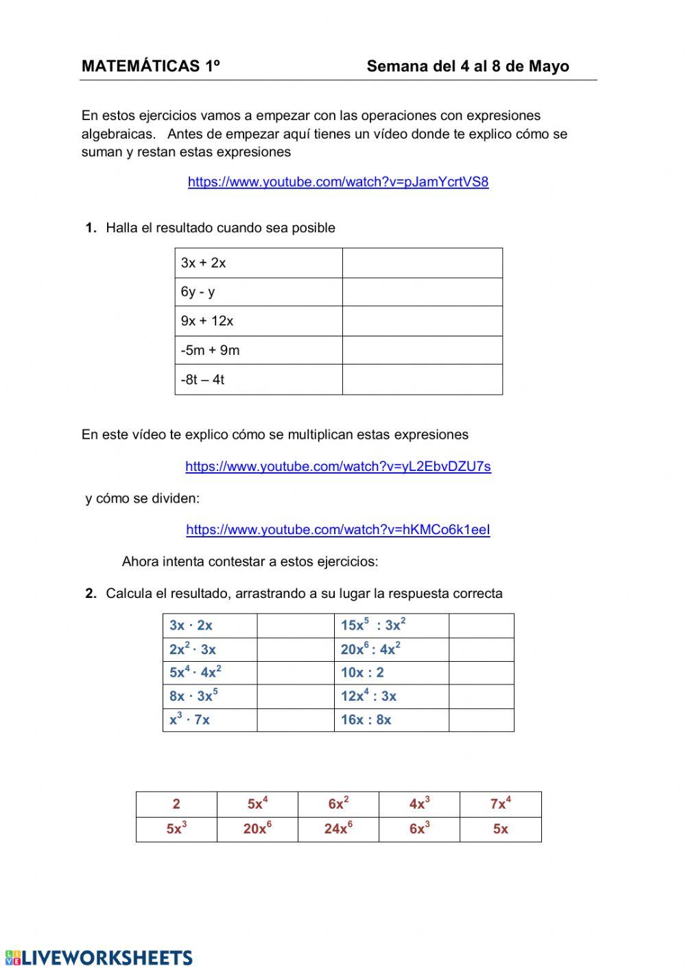 Operaciones con monomios
