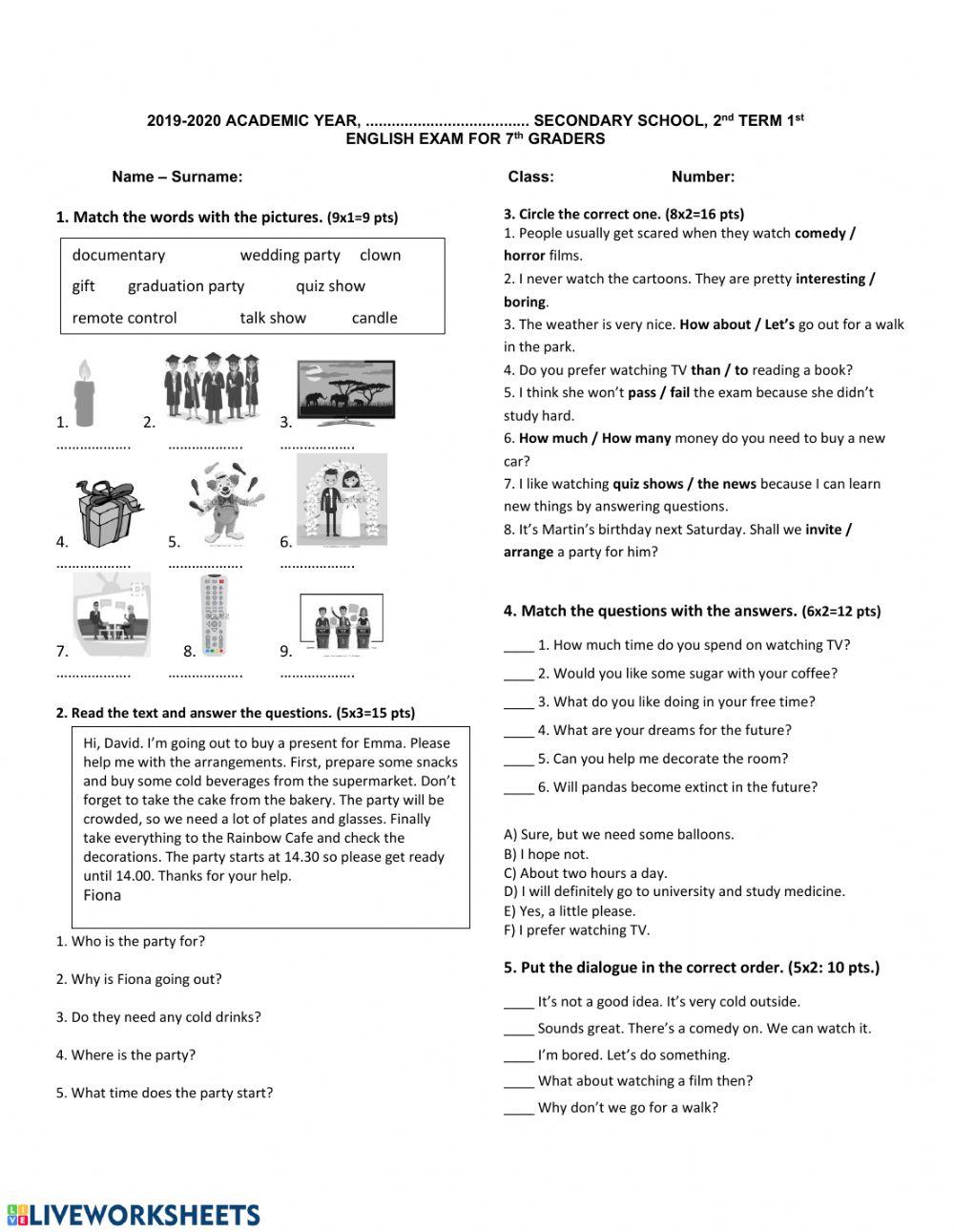 Grade 7- 2nd term 1stEaxam online exercise for | Live Worksheets