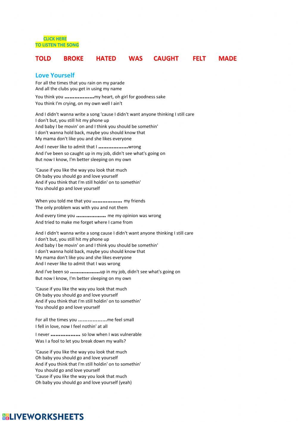 Love yourself worksheet | Live Worksheets