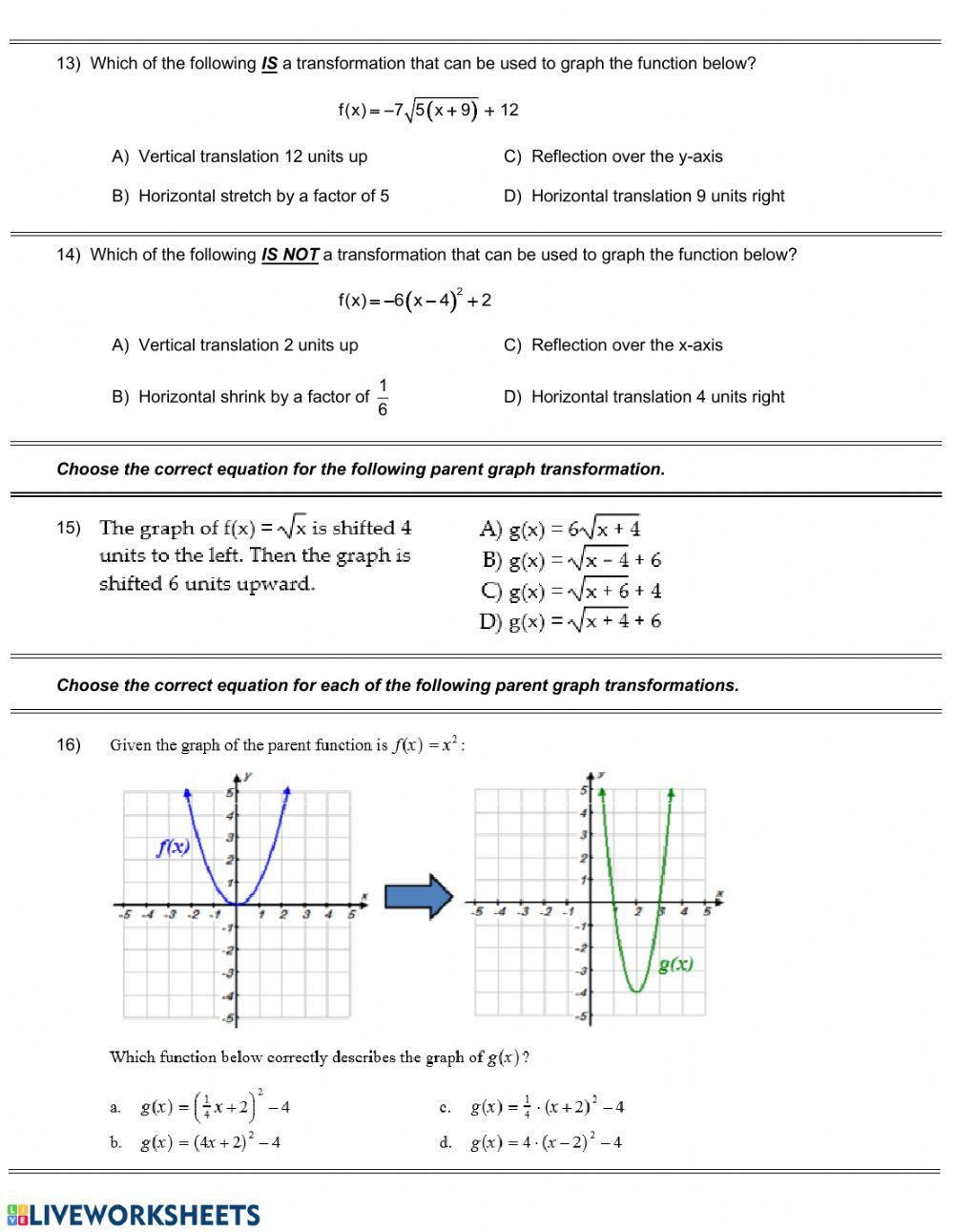 Review Transformations of Parent Graphs worksheet Live Worksheets