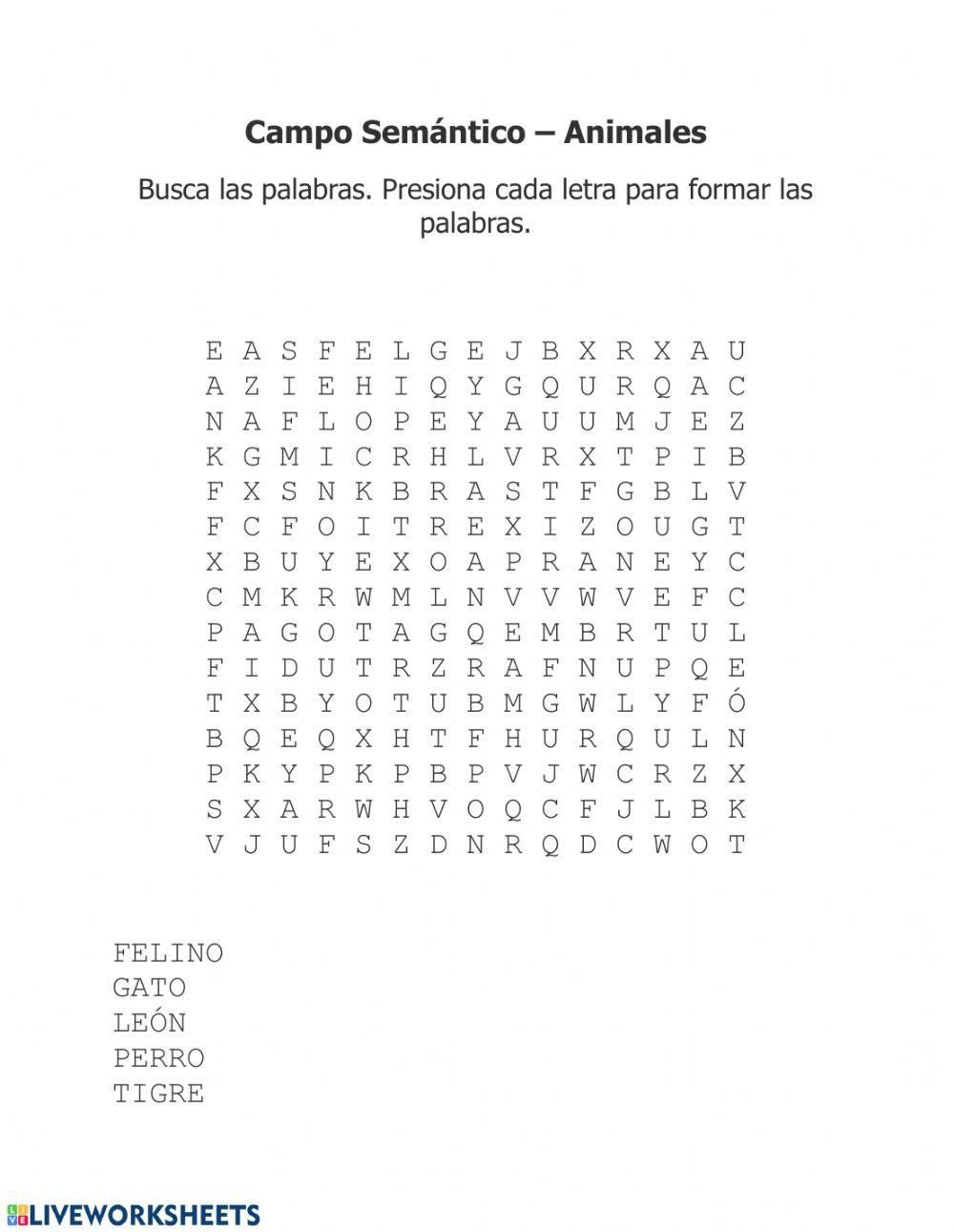 Campo Semántico Animales - Sopa de Letras
