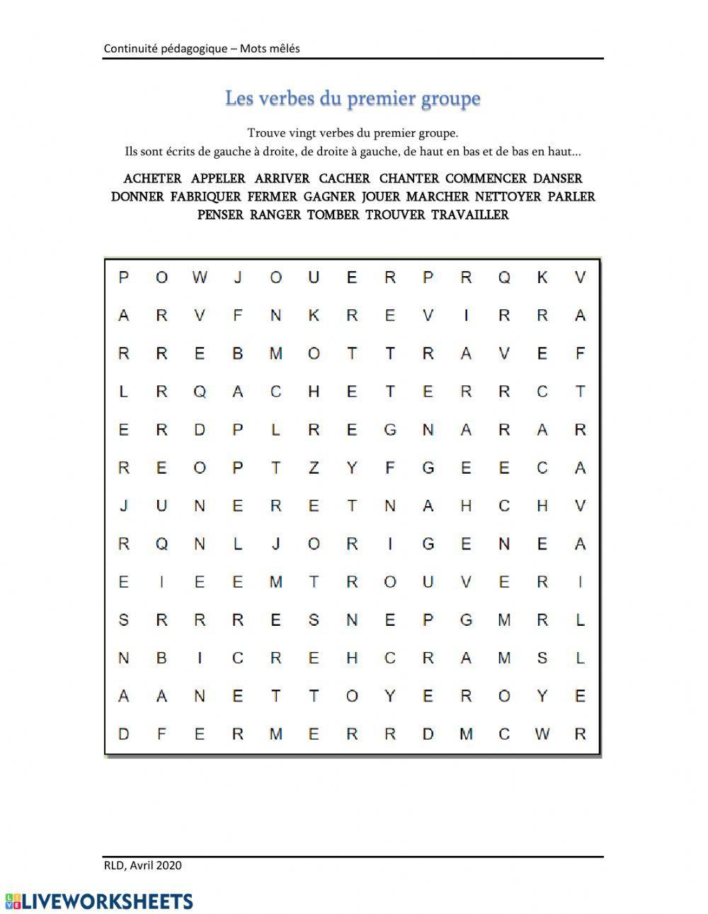 Mots mêlés - Verbes 1er groupe