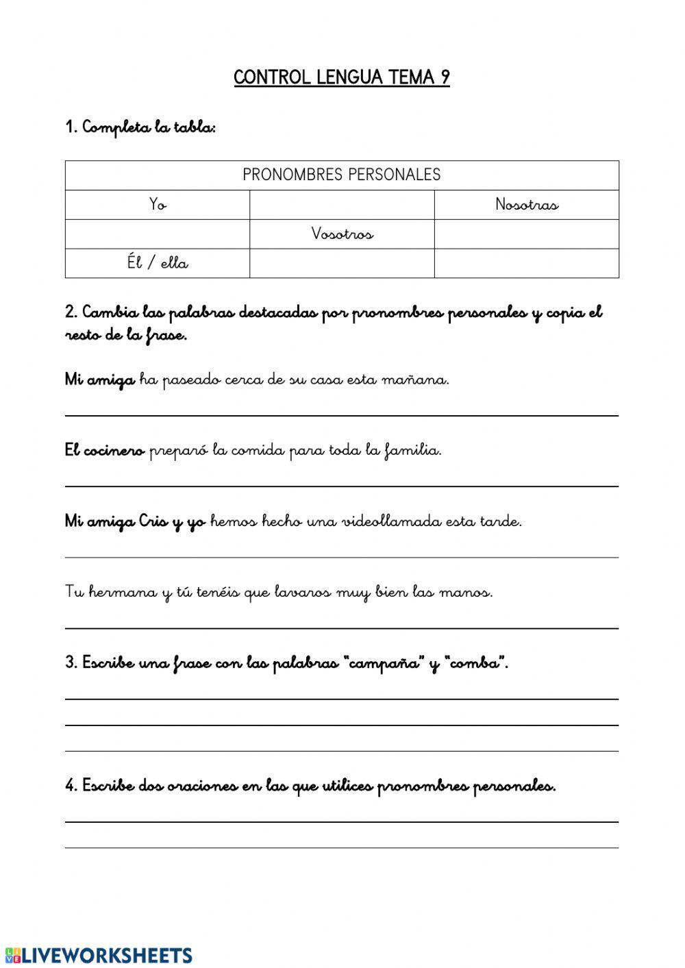 Control lengua Tema 9 2º Primaria