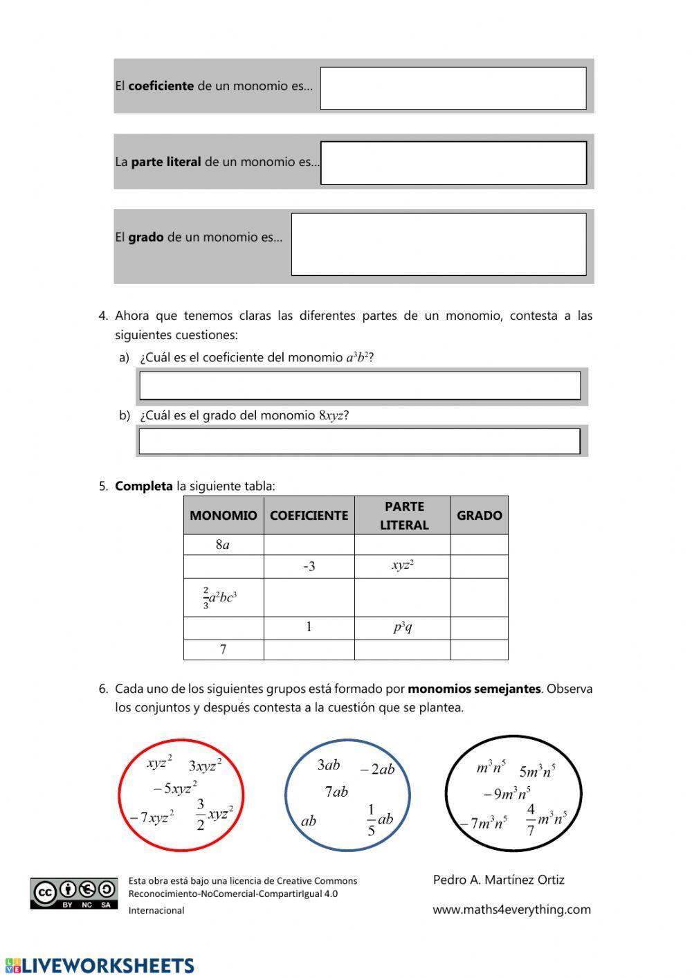 Ejercicios monomios con vídeos