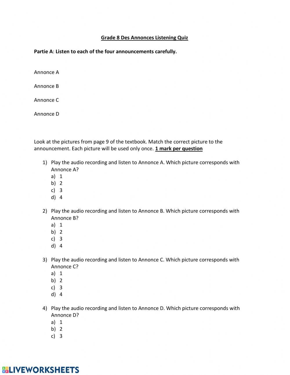 Des Annonces Listening Quiz