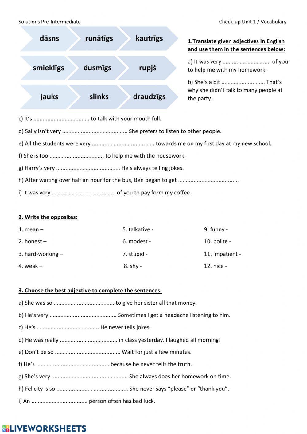 Vocabulary-Unit 1A - Solutions Pre-Intermediate