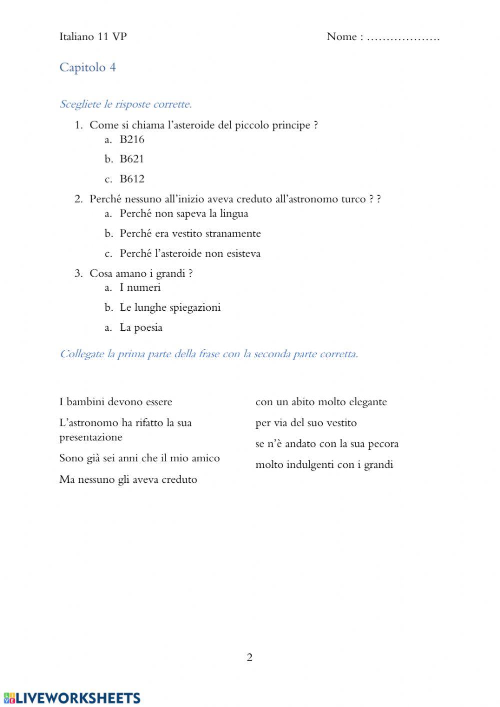 Comprensione scritta -il piccolo principe- cap. 3+4