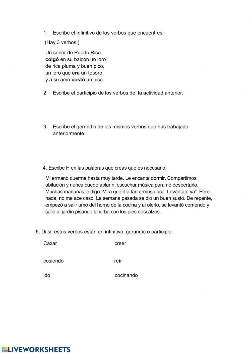 Ficha de castellano -H- Y formas no personales del verbo