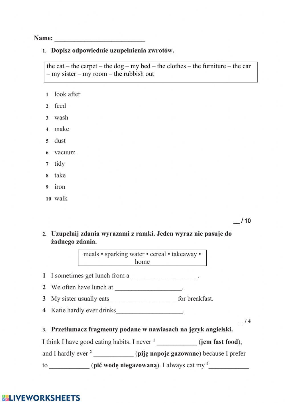 Household chores, eating habits