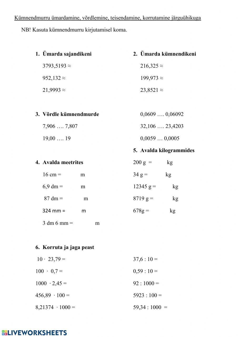 Kümnendmurdude ümardamine, võrdlemine, korrutamine ja jagamine järguühikuga