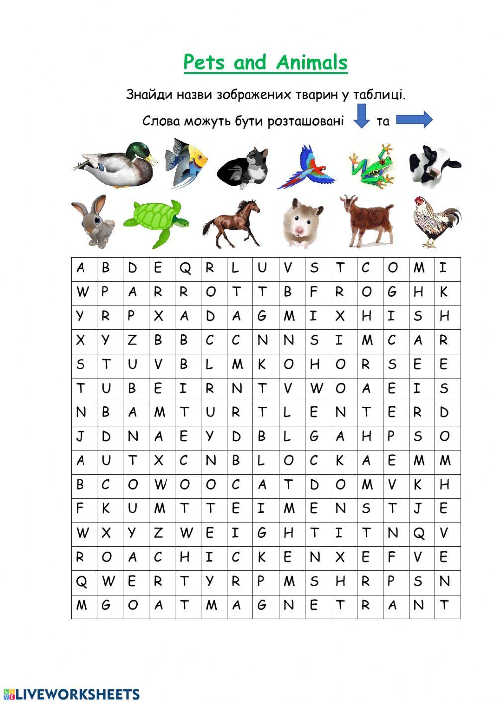 Pets and animals wordsearch