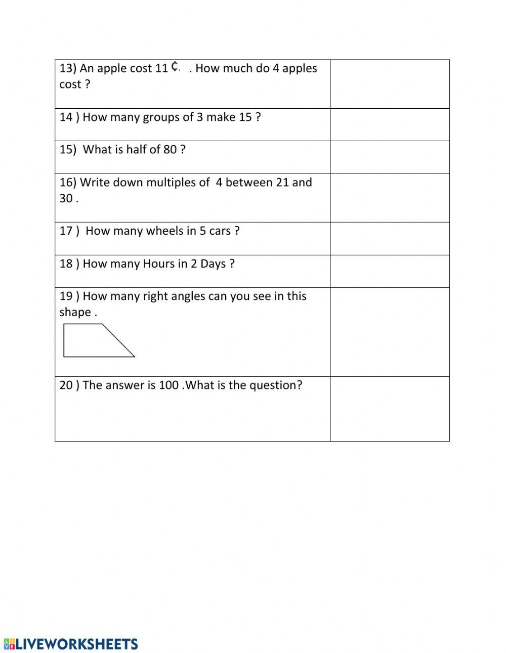 Mental math quiz