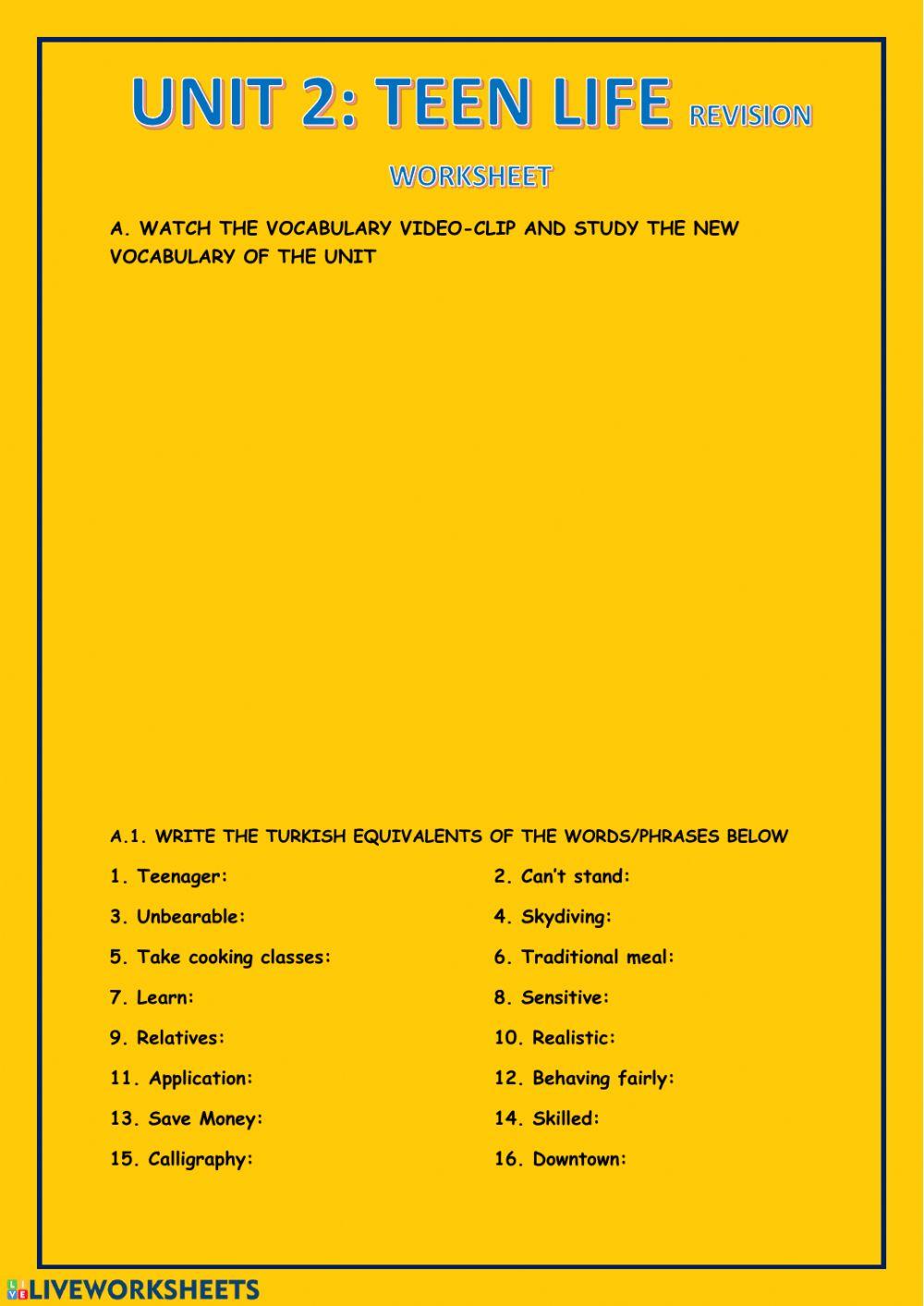 8th Grades Unit:2 Teen Life Vocabulary Worksheet