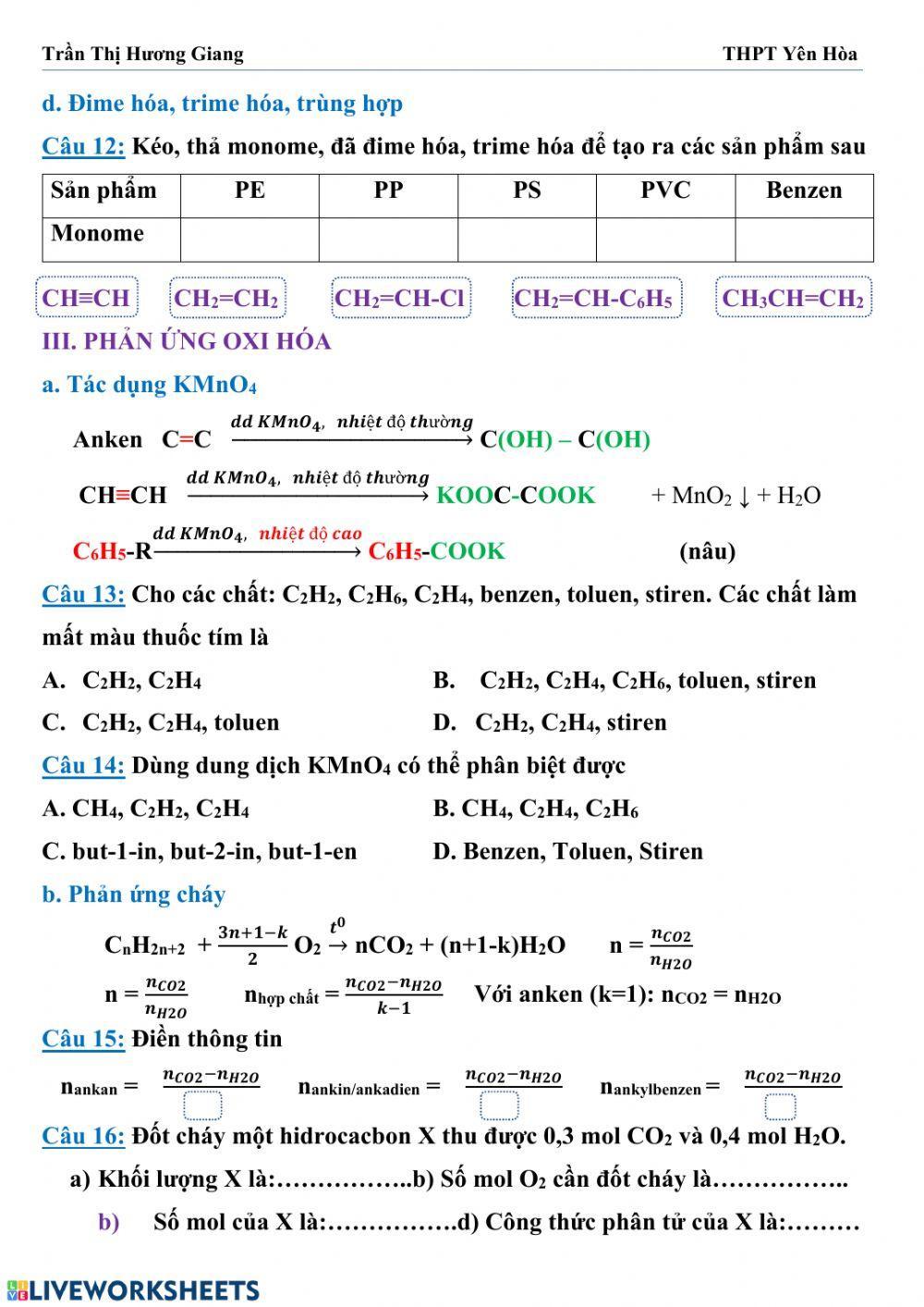Ôn tập hidrocacbon: Tính chất hóa học