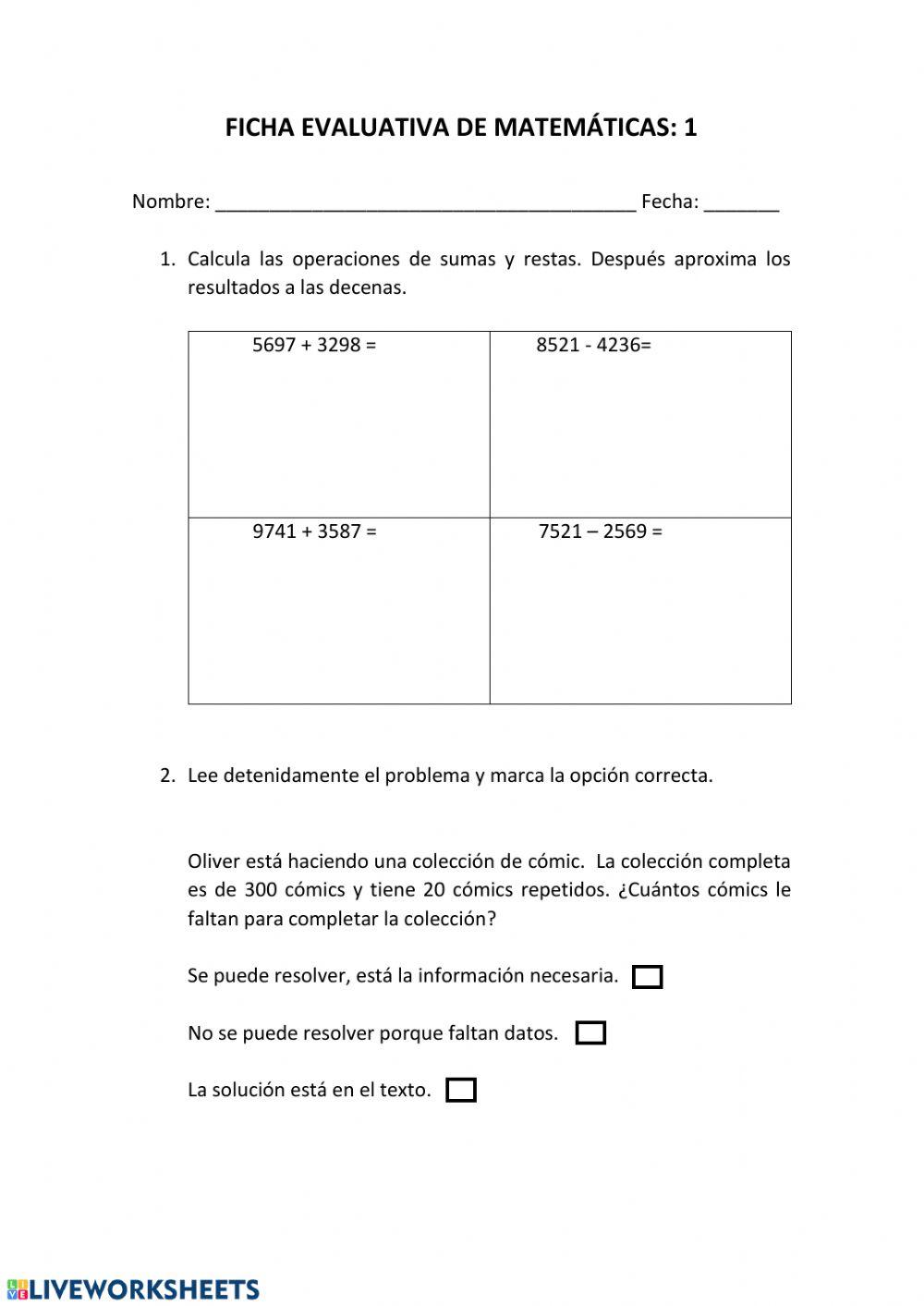 Ficha evaluativa matematicas 1