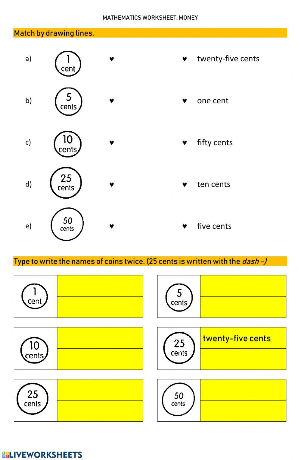 Worksheet 8 RECOGNISE MONEY IN CENTS