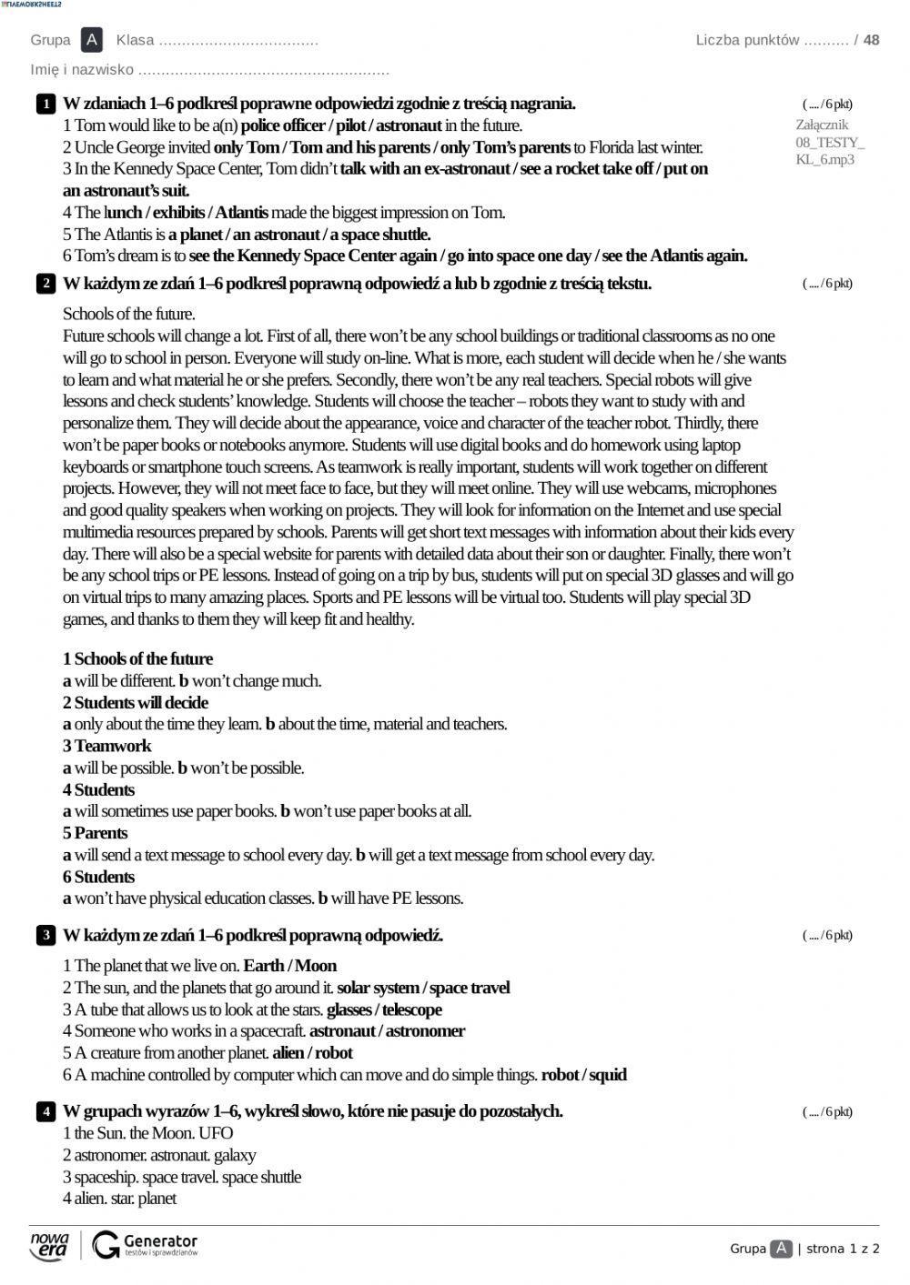 klasa 6 test, unit 6