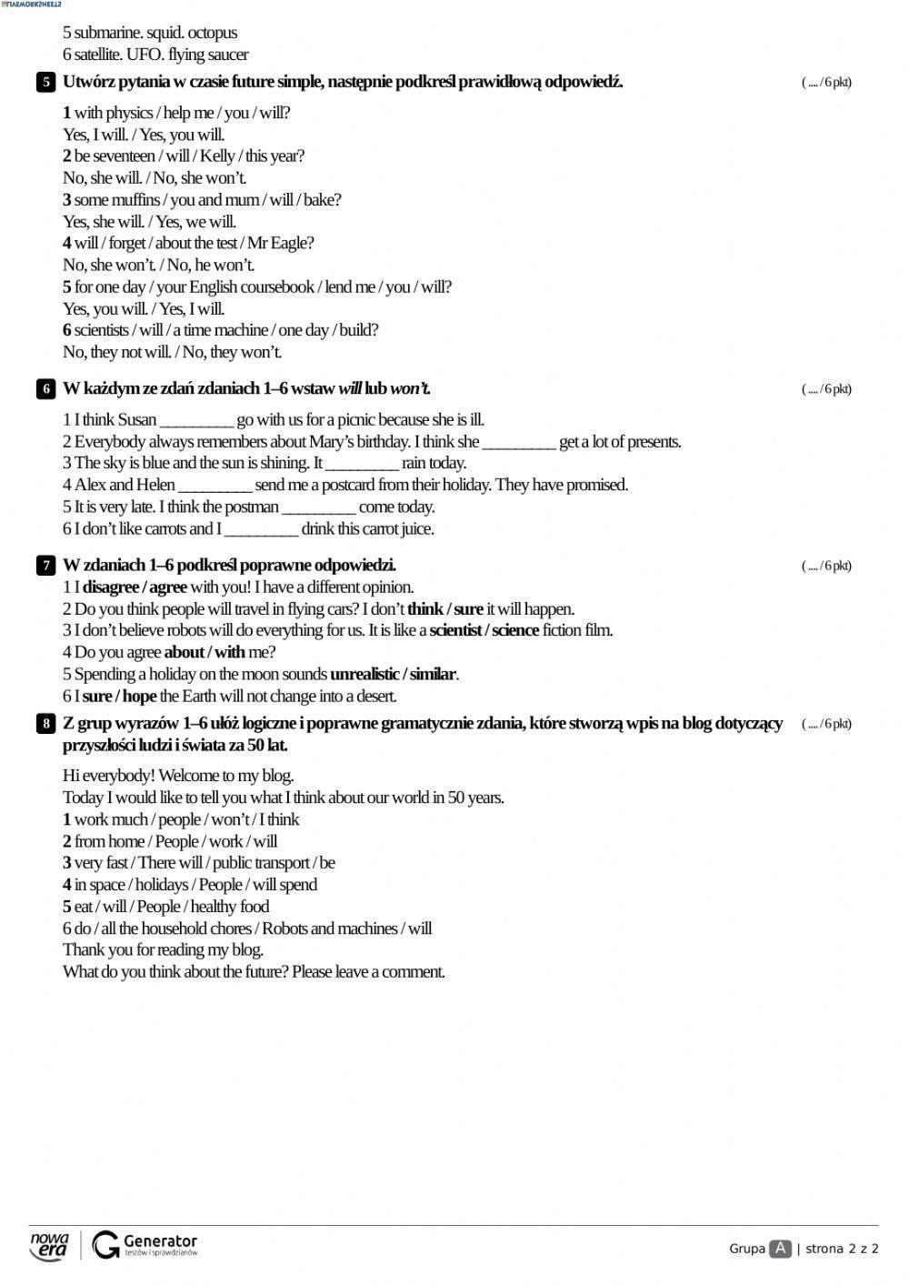 klasa 6 test, unit 6