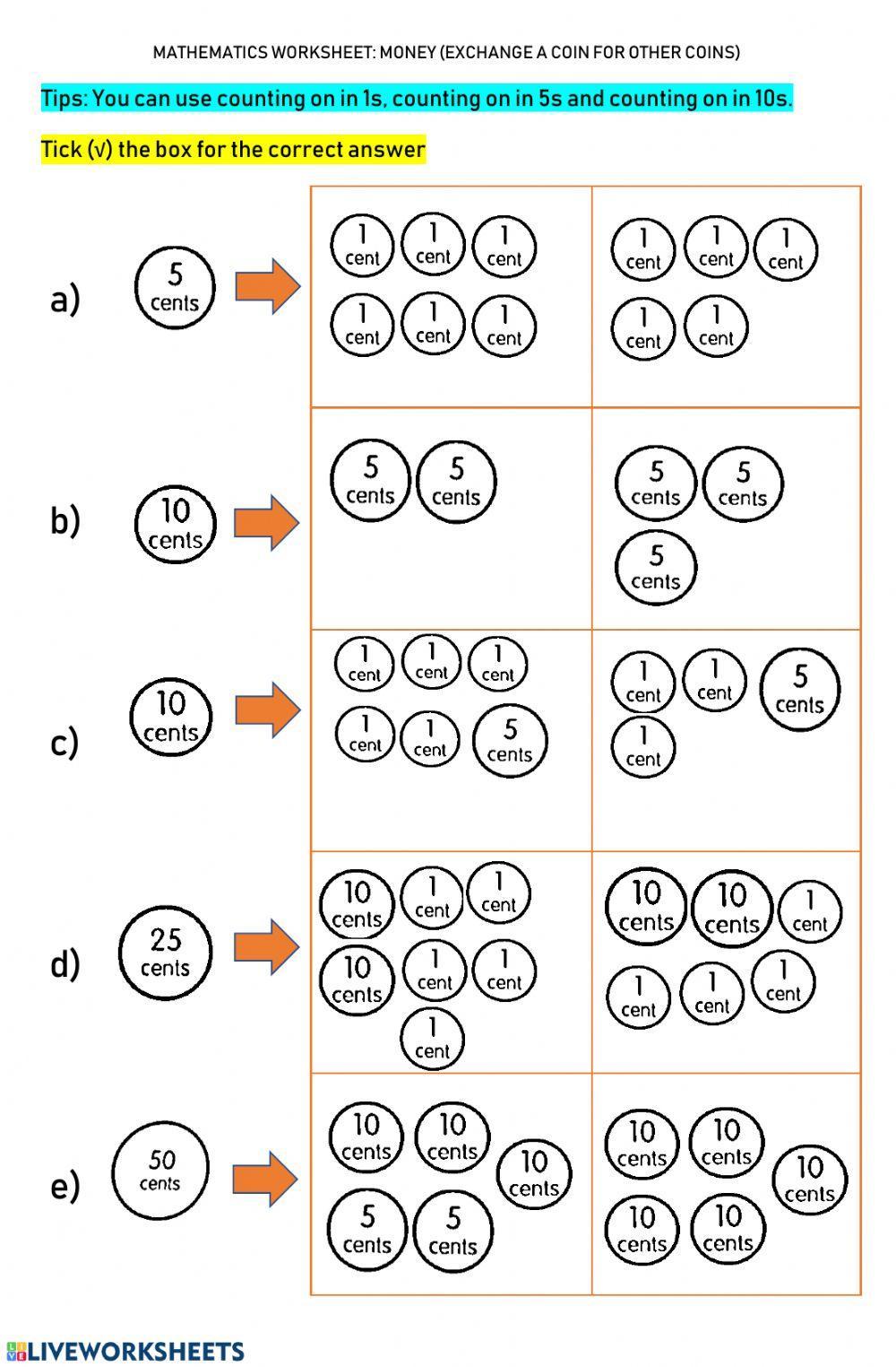 Worksheet 9 EXCHANGE A COIN FOR OTHER COINS