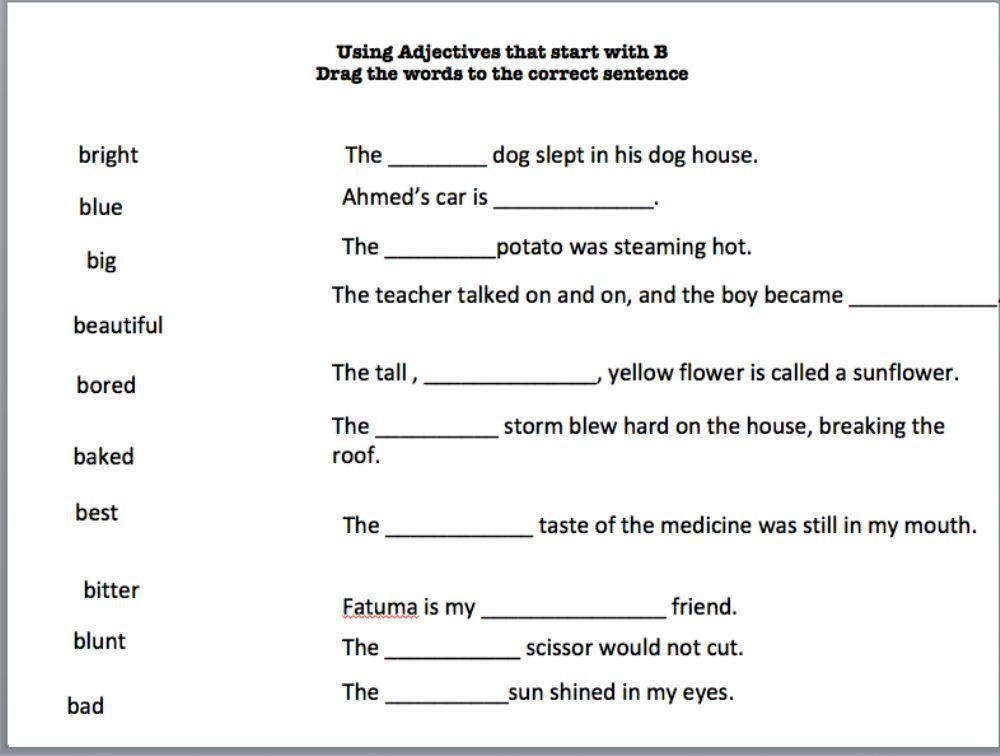 B adjectives drag and drop