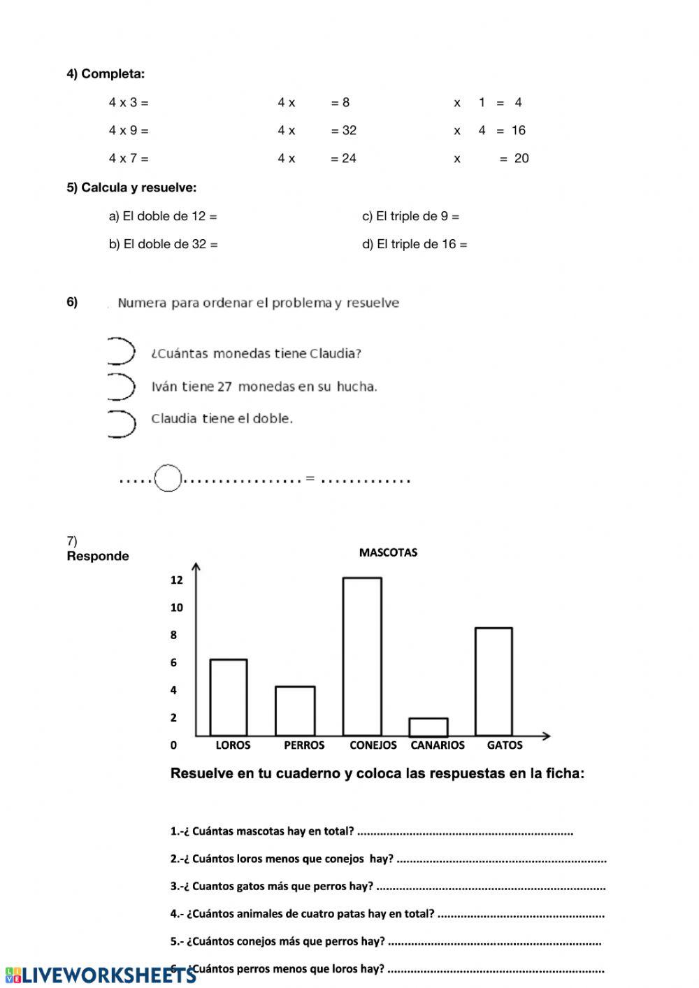 Repaso matemáticas. Hora digital, doble y triple, tabla 4.