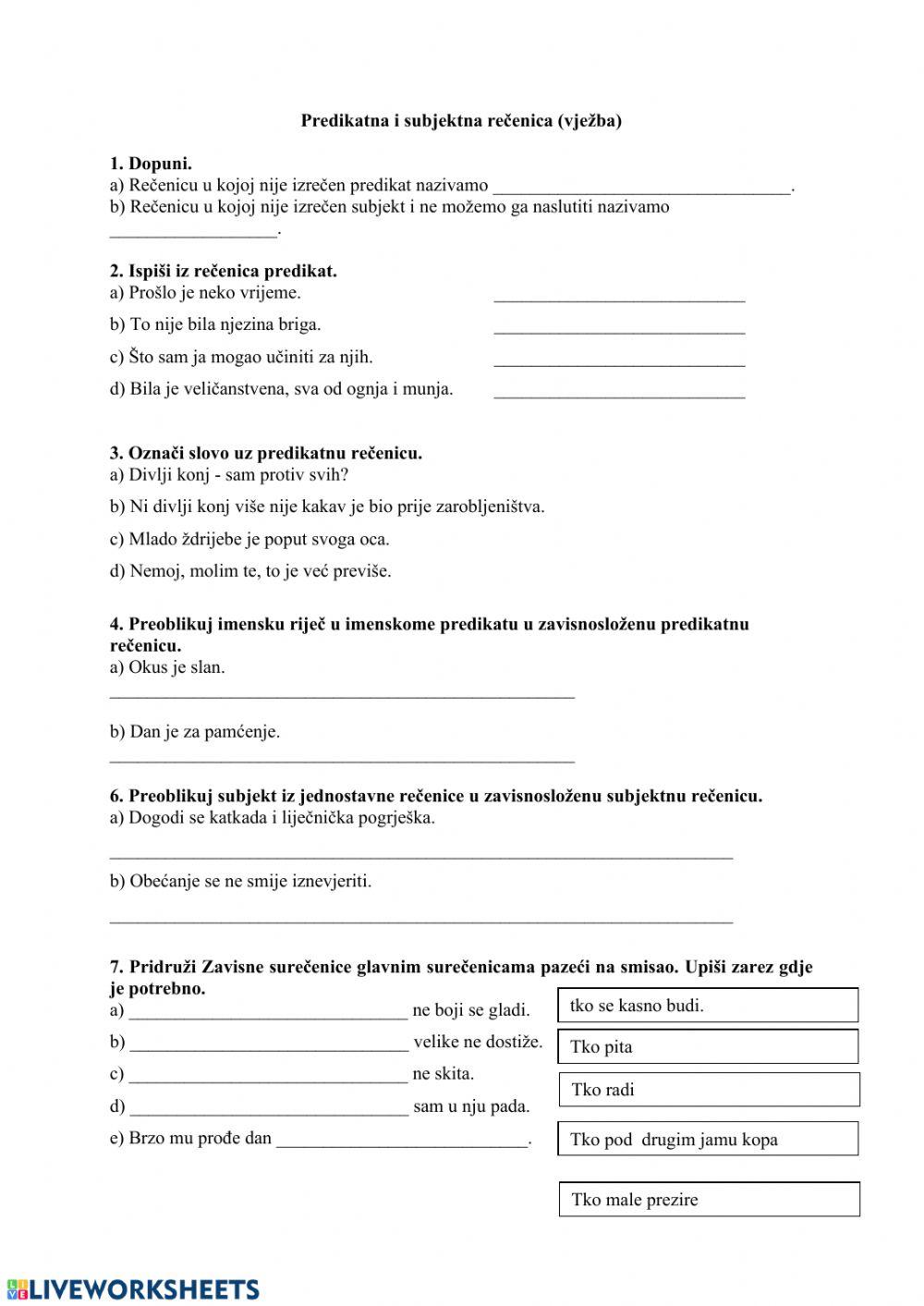 Predikatna i subjektna rečenica (vježba) Predikatna i subjektna rečenica (vježba)