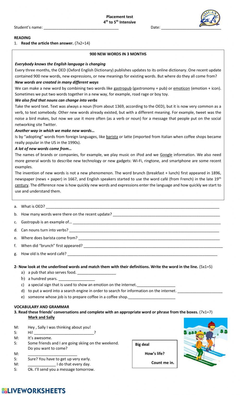 Placement test for 5th Int