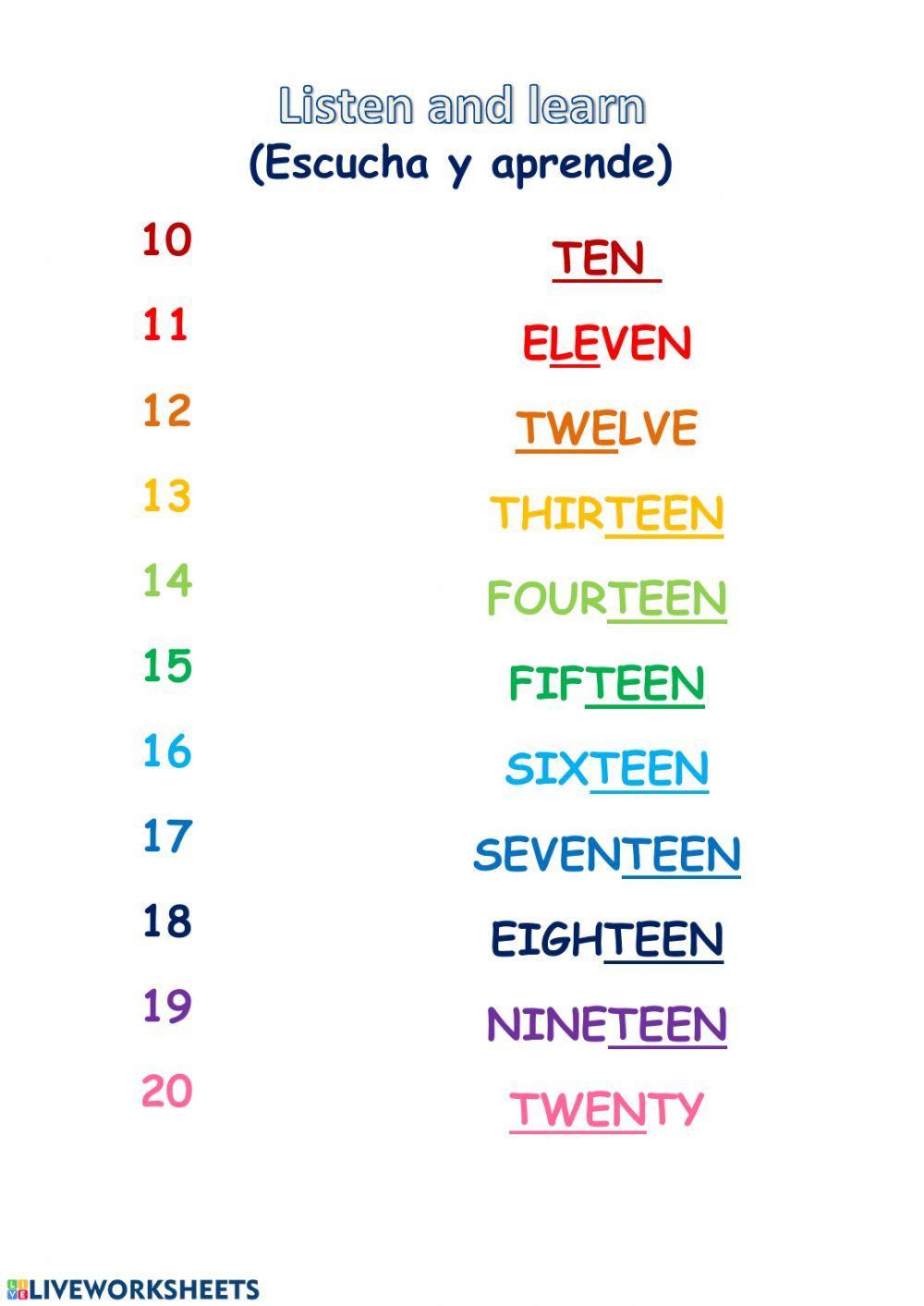 Numbers 10 to 20
